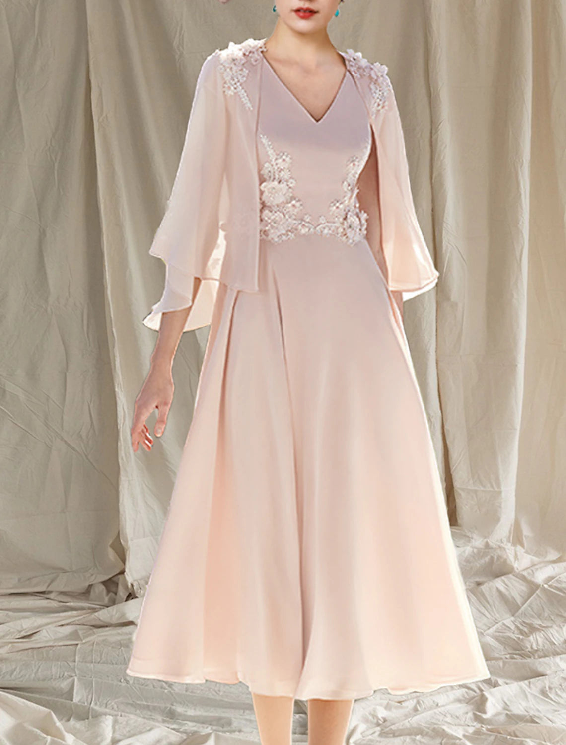 Aimishang Two Piece A-Line Mother of the Bride Dress Wedding Guest Church Elegant V Neck Tea Length Chiffon Sleeveless Wrap Included with Appliques