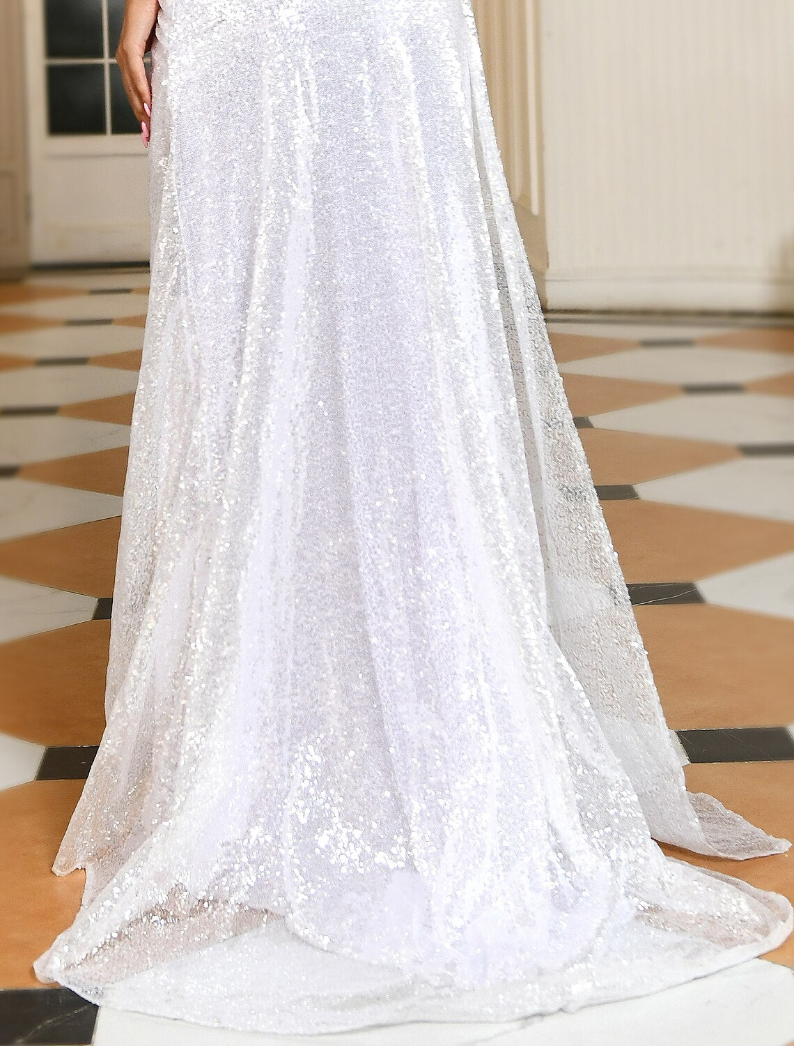 Aimishang Sheath / Column Evening Gown Convertible Dress Prom Sweep / Brush Train Short Sleeve Off Shoulder Satin with Sequin