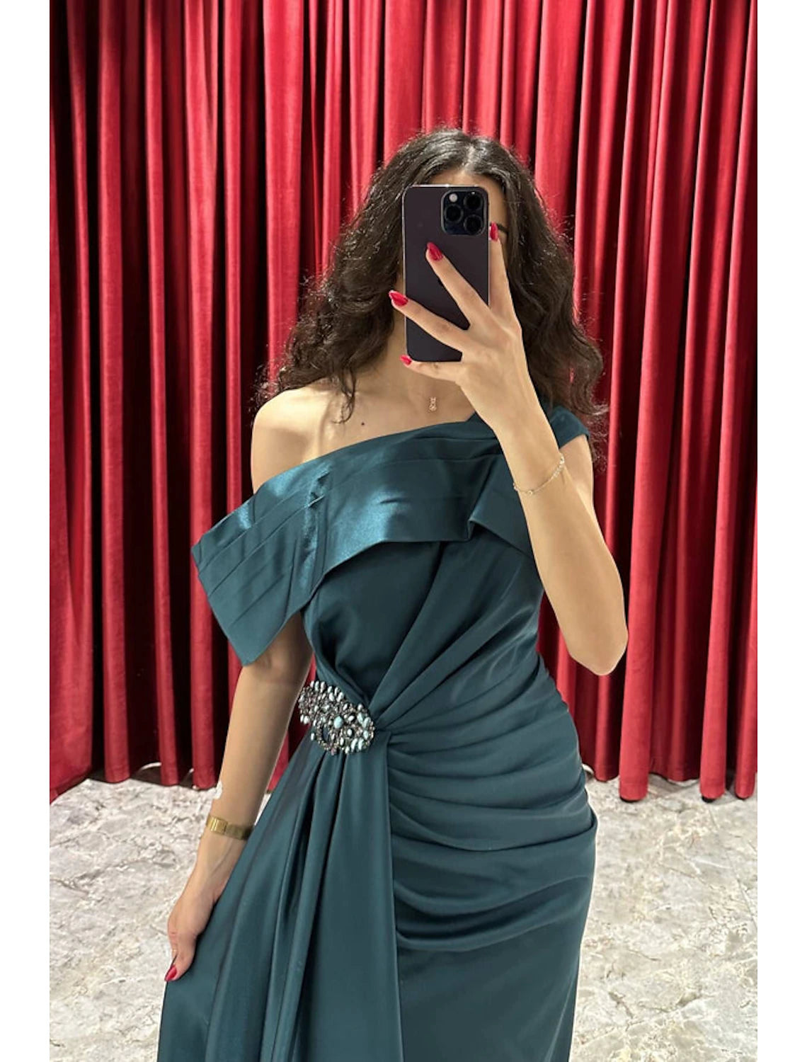 Aimishang A-Line Evening Gown Elegant Dress Formal Fall Sweep / Brush Train Short Sleeve One Shoulder Satin with Ruched Slit