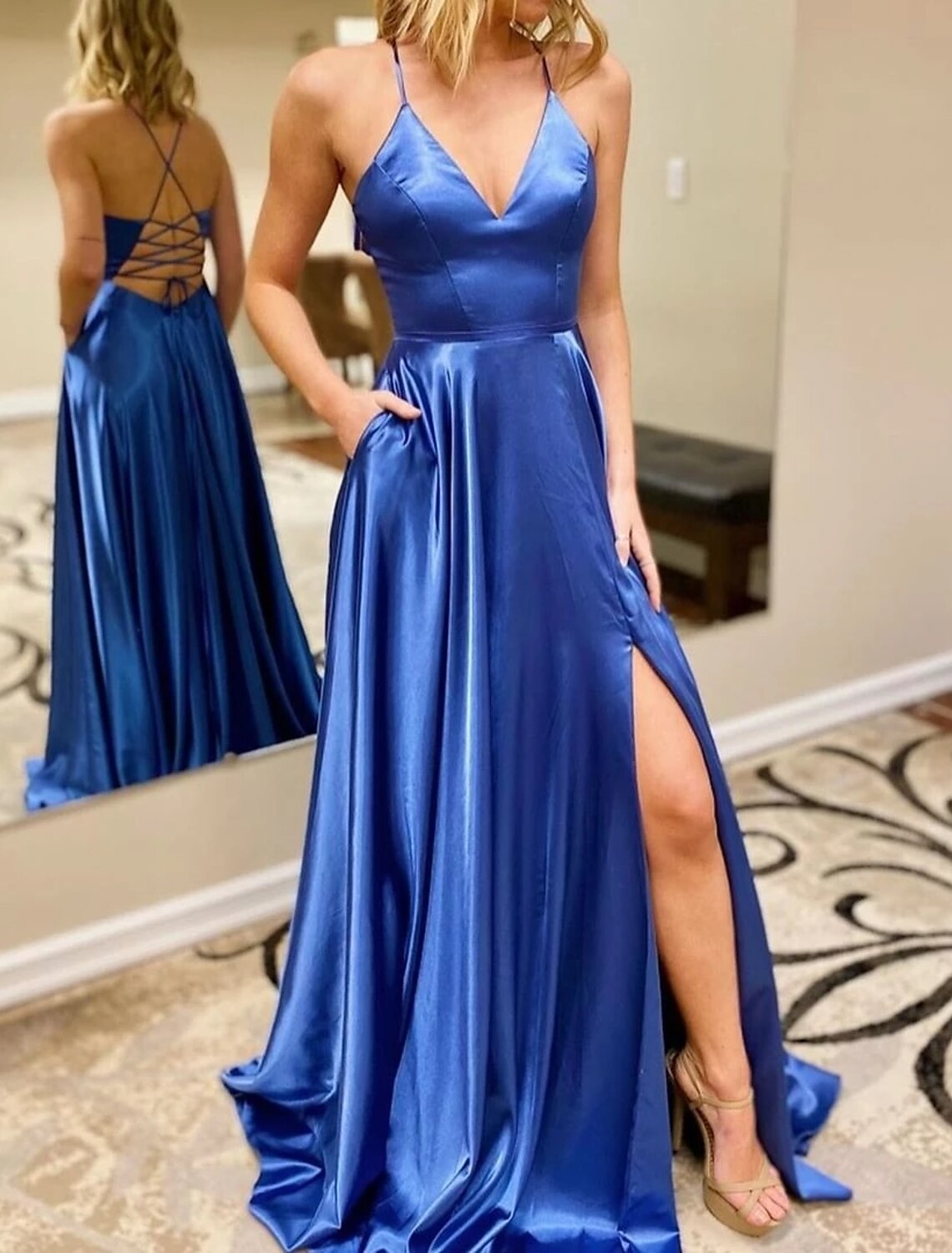 Aimishang A-Line Prom Dresses Sexy Dress Formal Sweep / Brush Train Sleeveless V Neck Imitation Silk Backless with Slit