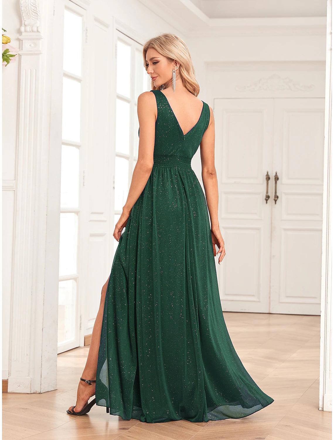 Aimishang A-Line Evening Gown Empire Dress Party Wear Floor Length Sleeveless V Neck Spandex V Back with Glitter Slit