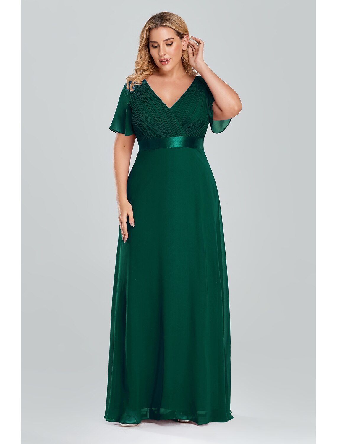 Aimishang A-Line Prom Dresses Empire Dress Wedding Guest Floor Length Short Sleeve V Neck Chiffon with Pleats