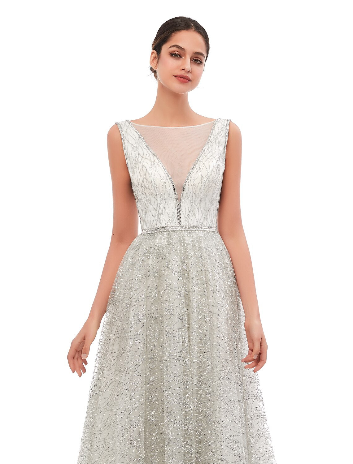 Aimishang A-Line Evening Gown Vintage Dress Prom Court Train Sleeveless Illusion Neck Sequined with Sequin