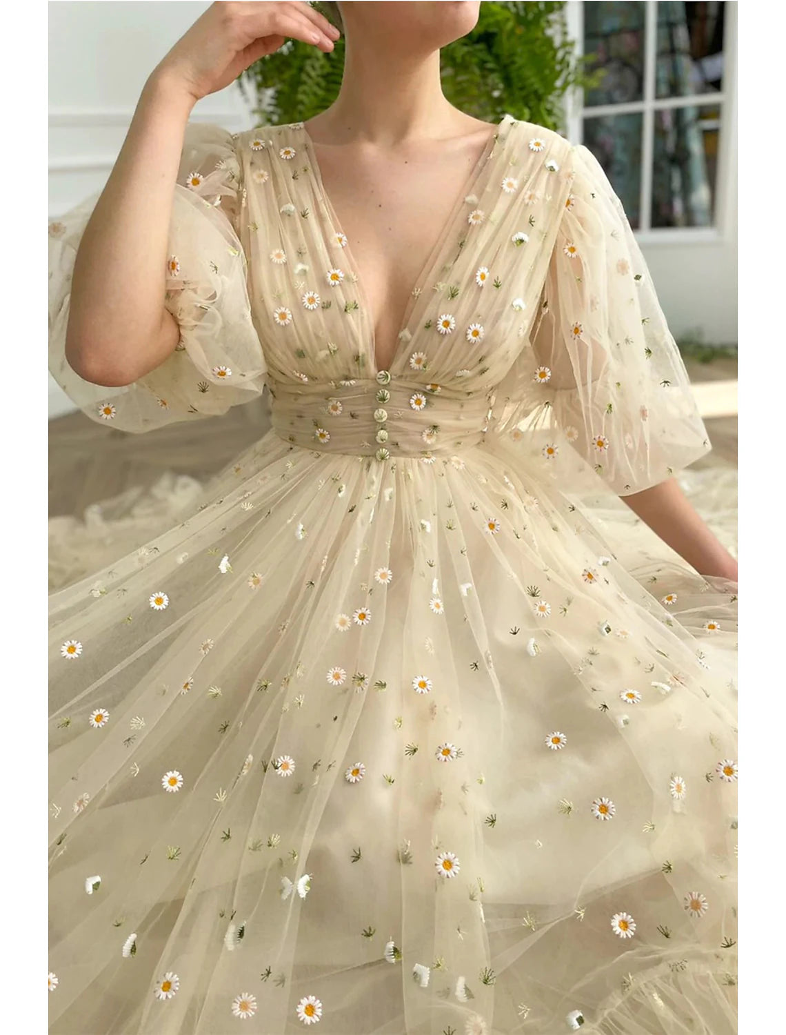 Aimishang A-Line Prom Dresses Floral Dress Formal Wedding Guest Ankle Length Half Sleeve V Neck Lace V Back with Pleats Ruched