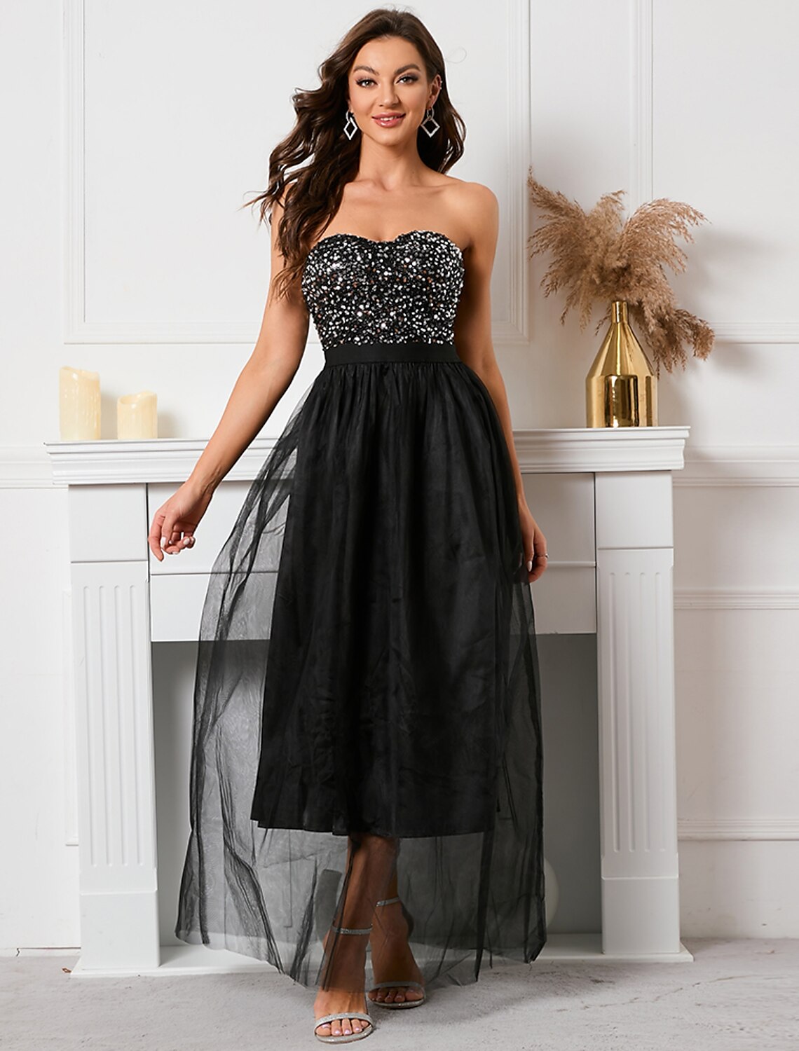 Aimishang A-Line Party Dresses Sparkle & Shine Dress Holiday Floor Length Sleeveless Strapless Sequined with Sequin