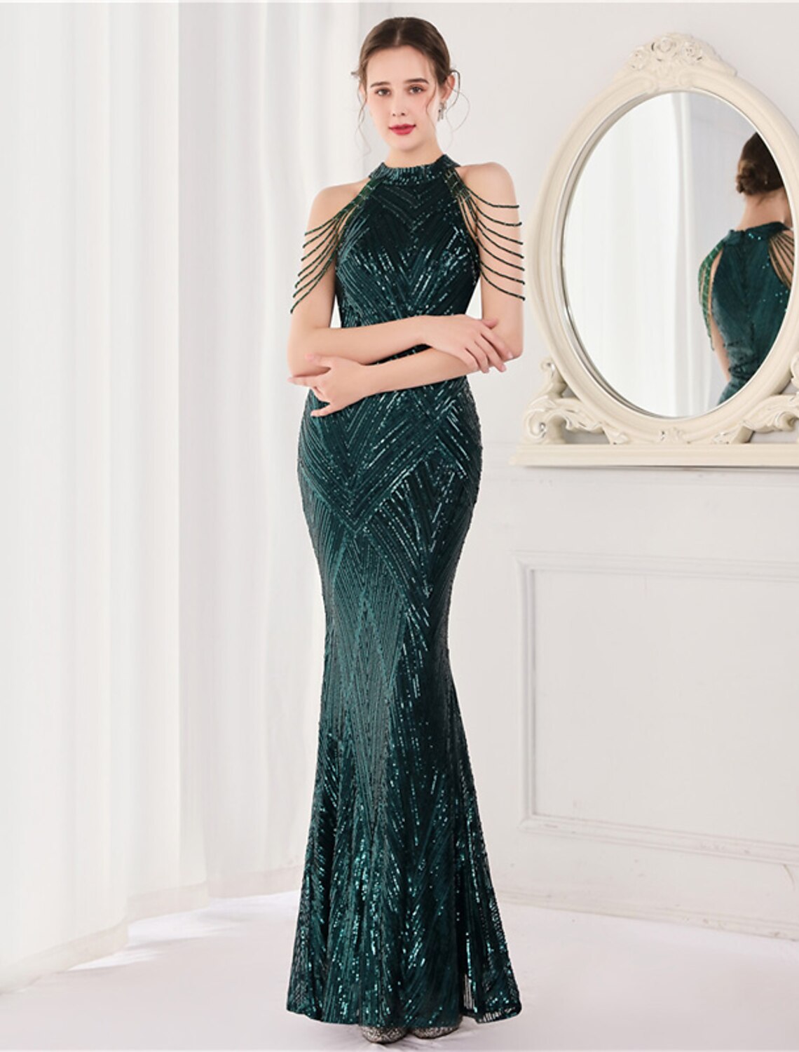 Aimishang Mermaid Party Dress Prom Dresses Sparkle & Shine Dress Formal Wedding Guest Floor Length Sleeveless Halter Neck Sequined with Sequin