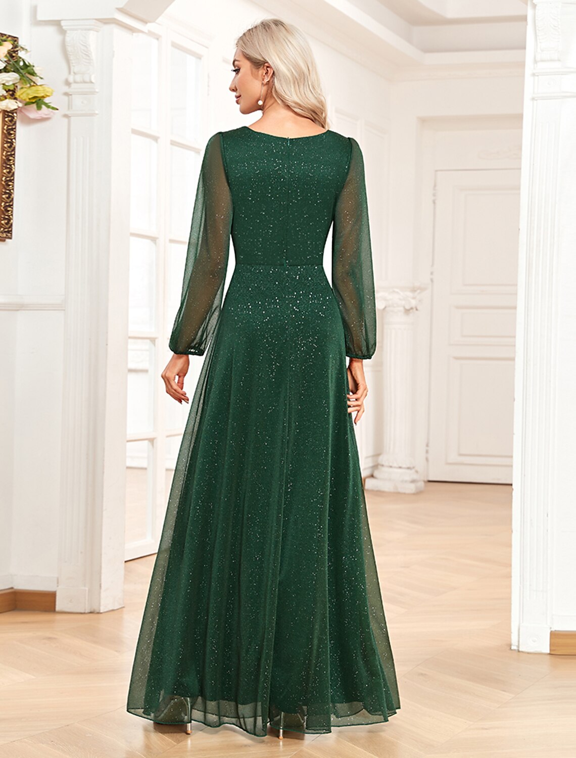 Aimishang A-Line Evening Gown Elegant Dress Formal Floor Length Long Sleeve V Neck Chiffon with Sequin
