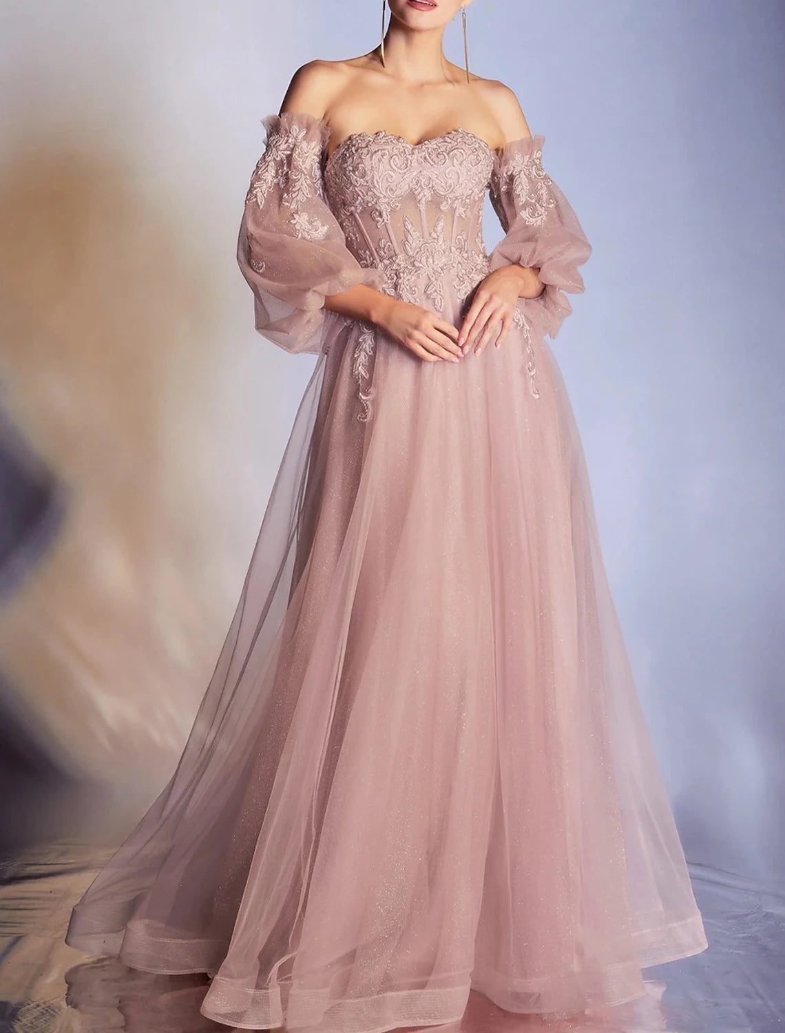 Aimishang A-Line Prom Dresses Elegant Dress Formal Prom Floor Length 3/4 Length Sleeve Off Shoulder Lace Backless with Appliques