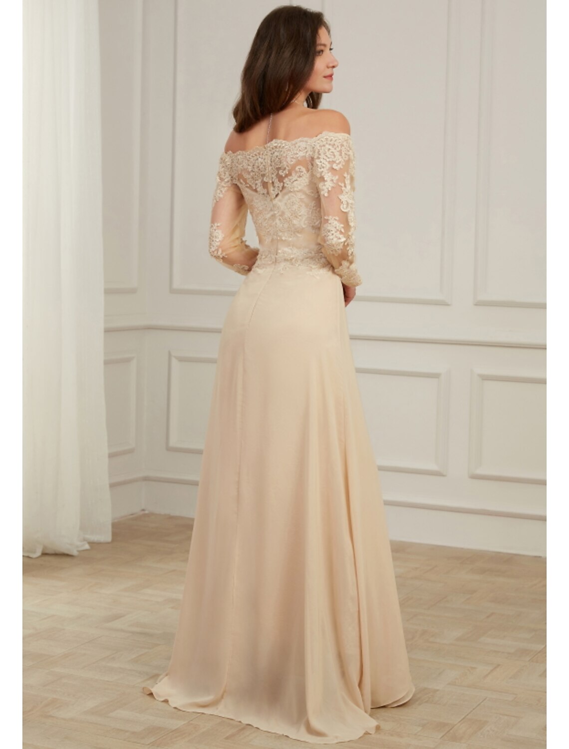 Aimishang A-Line Evening Gown Elegant Dress Wedding Guest Floor Length Long Sleeve Off Shoulder Polyester with Overskirt Appliques