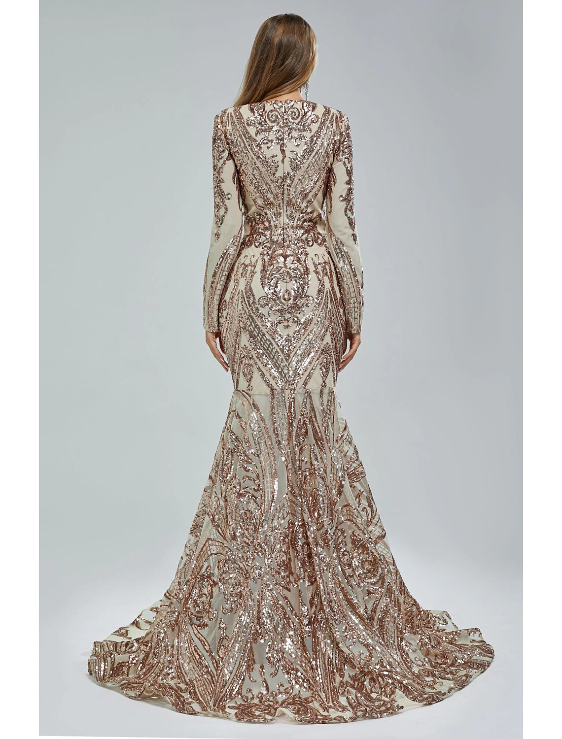 Aimishang Mermaid / Trumpet Evening Gown Sparkle & Shine Dress Formal Court Train Long Sleeve V Neck African American Lace with Sequin