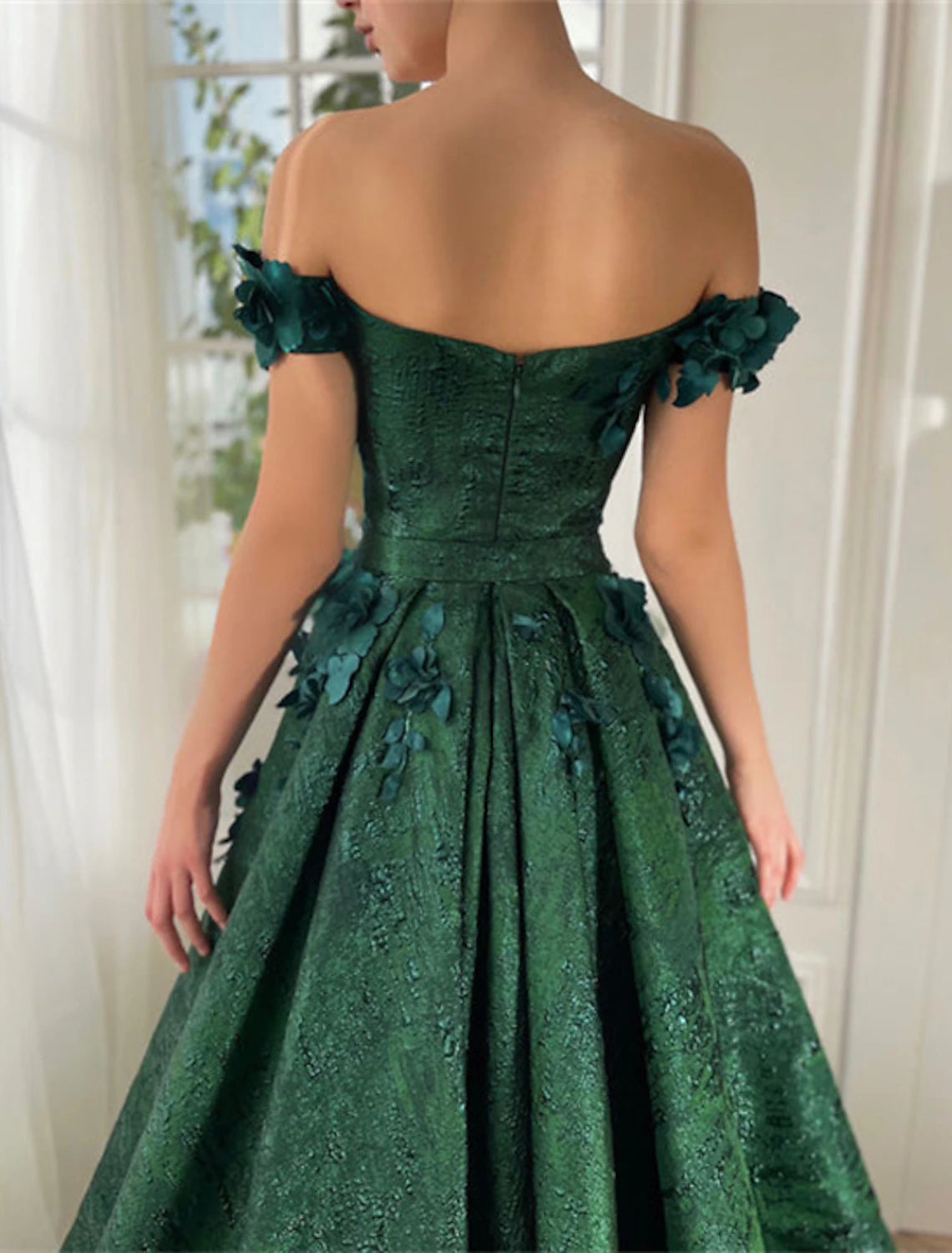 Aimishang A-Line Prom Dresses Floral Dress Wedding Guest Wedding Party Court Train Sleeveless Off Shoulder Satin with Slit Appliques