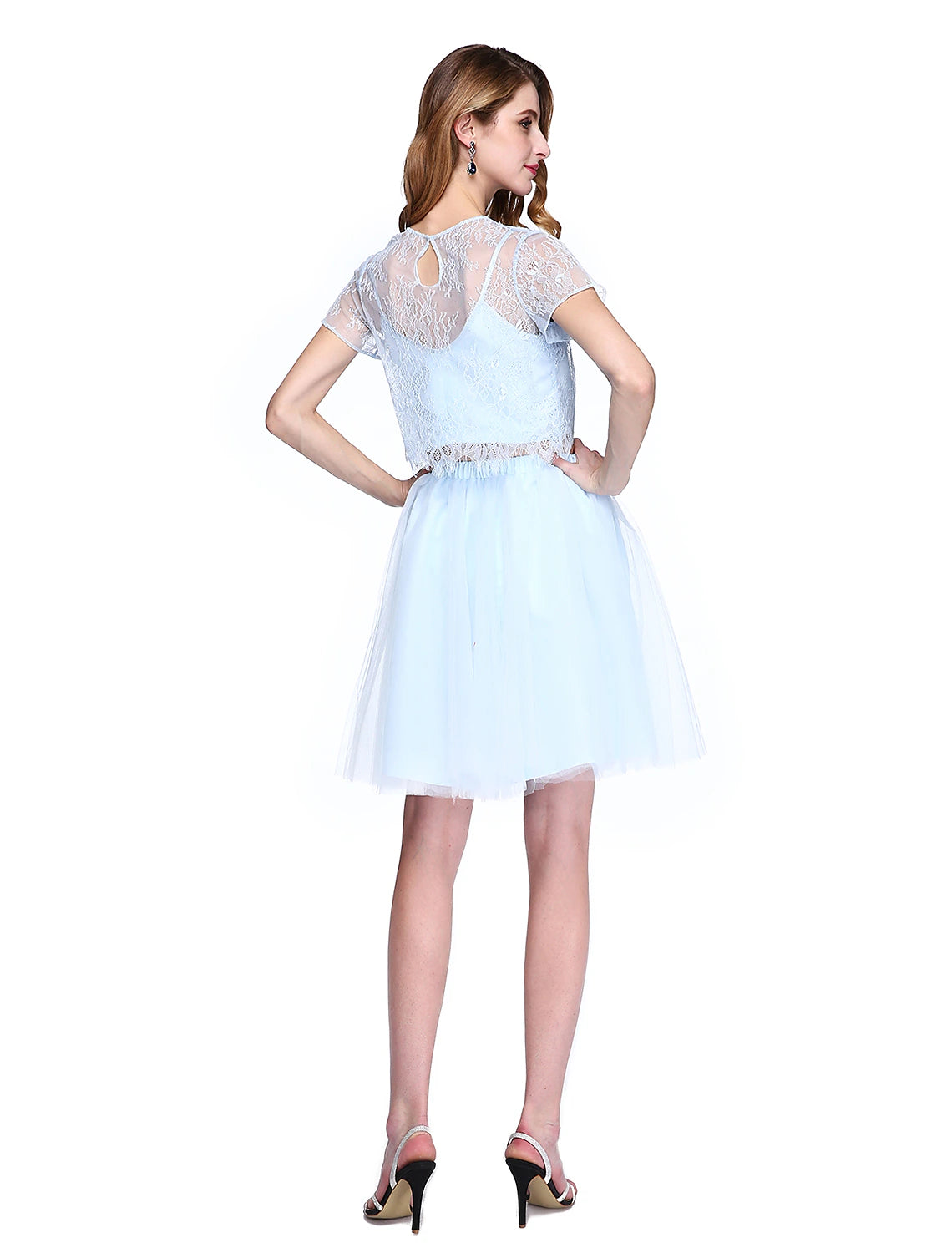Aimishang A-Line Mother of the Bride Dress Two Piece Jewel Neck Knee Length Lace Tulle Short Sleeve No with Lace
