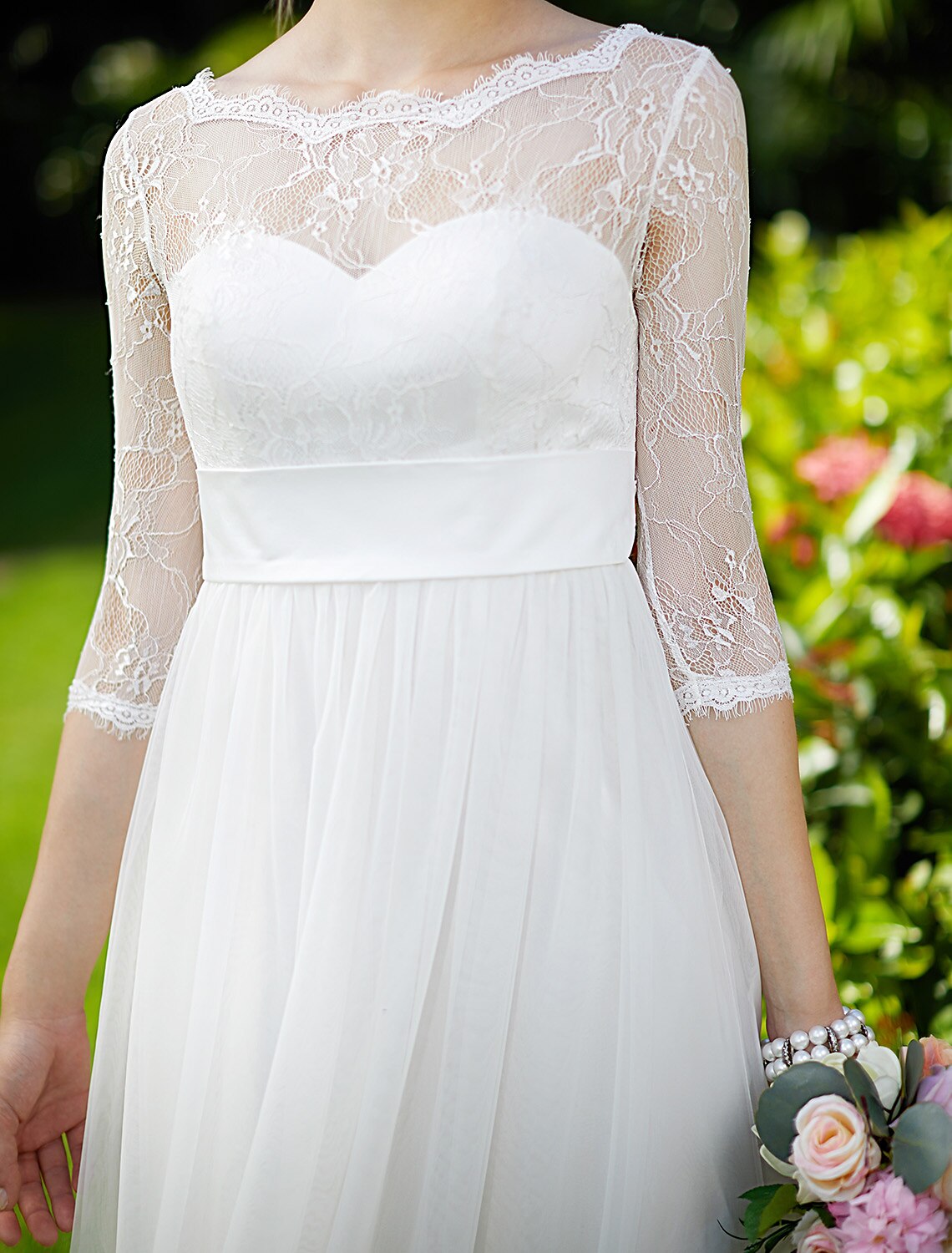 Aimishang Beach Wedding Dresses A-Line Bateau Neck 3/4 Length Sleeve Tulle Over Lace Bridal Gowns With Sashes / Ribbons Bow(s)
