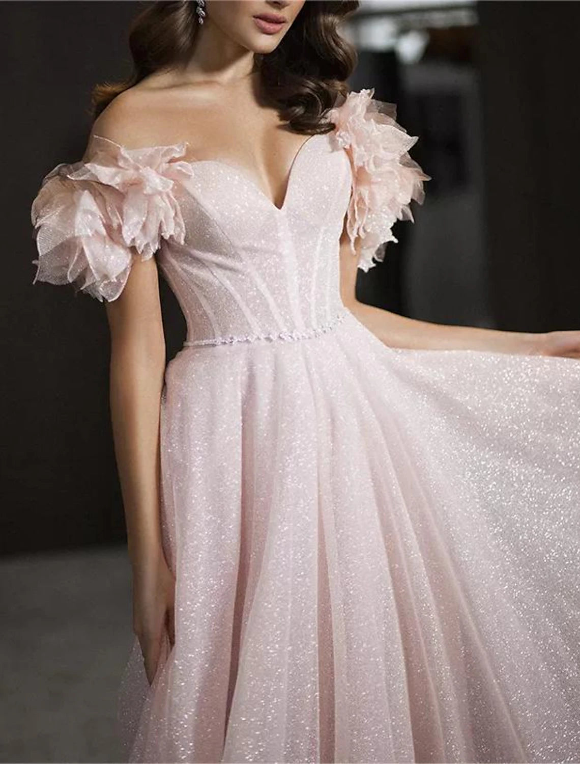 Aimishang A-Line Prom Dresses Glittering Dress Prom Birthday Floor Length Sleeveless Off Shoulder Tulle with Glitter Crystals