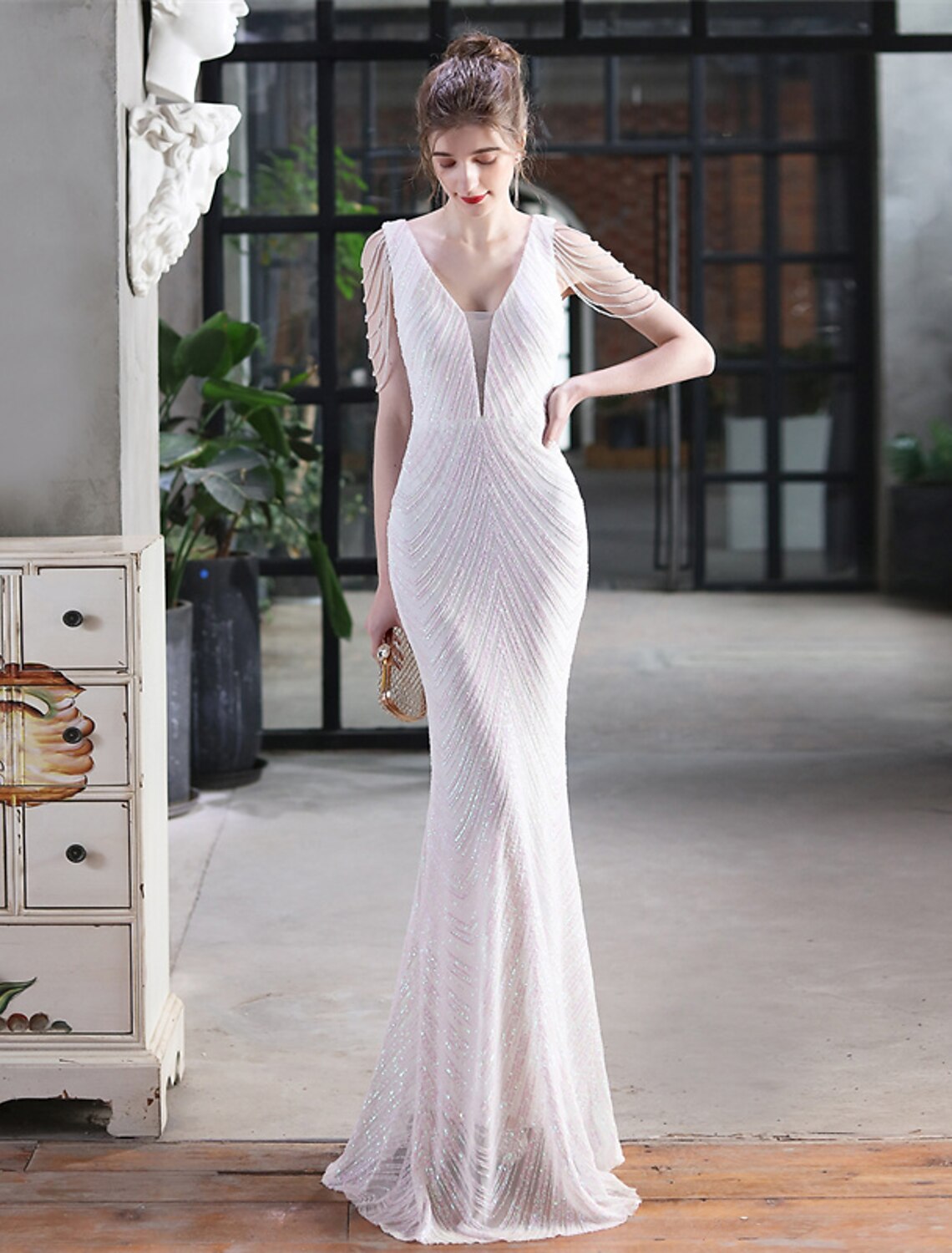 Aimishang Mermaid / Trumpet Evening Gown Sparkle & Shine Dress Formal Wedding Guest Floor Length Sleeveless V Neck Sequined with Fringe Sequin Tassel