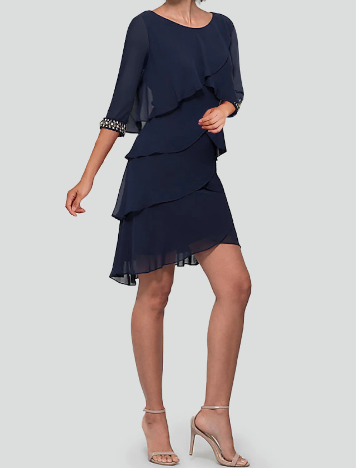 Aimishang Sheath Party Dress Cocktail Dresses Tiered Plisse Dress Semi Formal Knee Length Half Sleeve Jewel Neck Fall Wedding Guest Chiffon with Rhinestone Ruffles