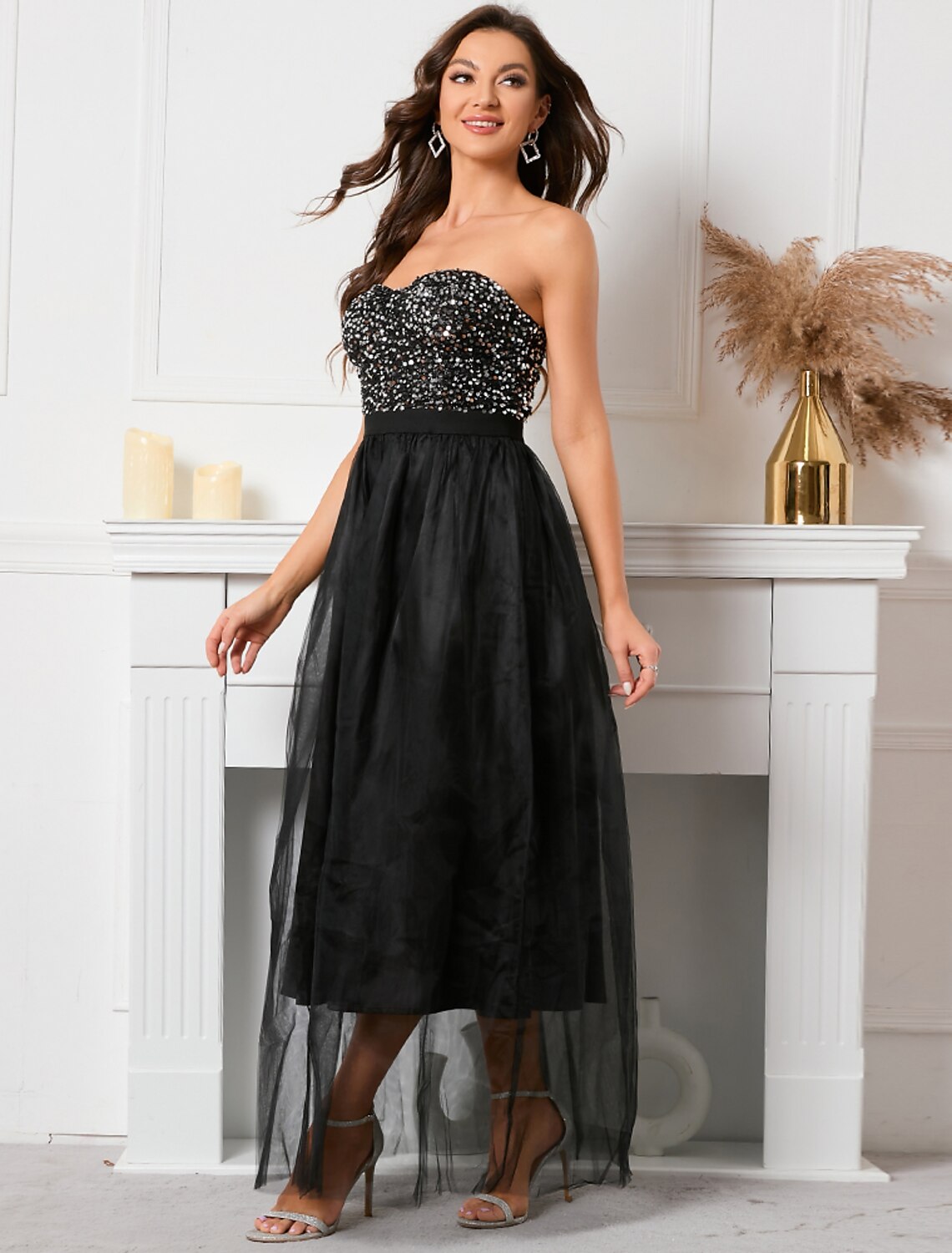 Aimishang A-Line Party Dresses Sparkle & Shine Dress Holiday Floor Length Sleeveless Strapless Sequined with Sequin