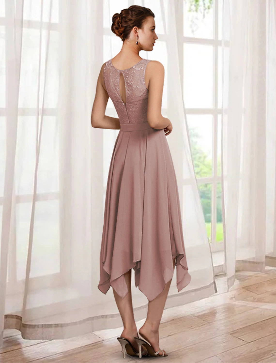 Aimishang Two Piece A-Line Mother of the Bride Dress Elegant Jewel Neck Tea Length Chiffon Lace Half Sleeve Wrap Included with Sash / Ribbon