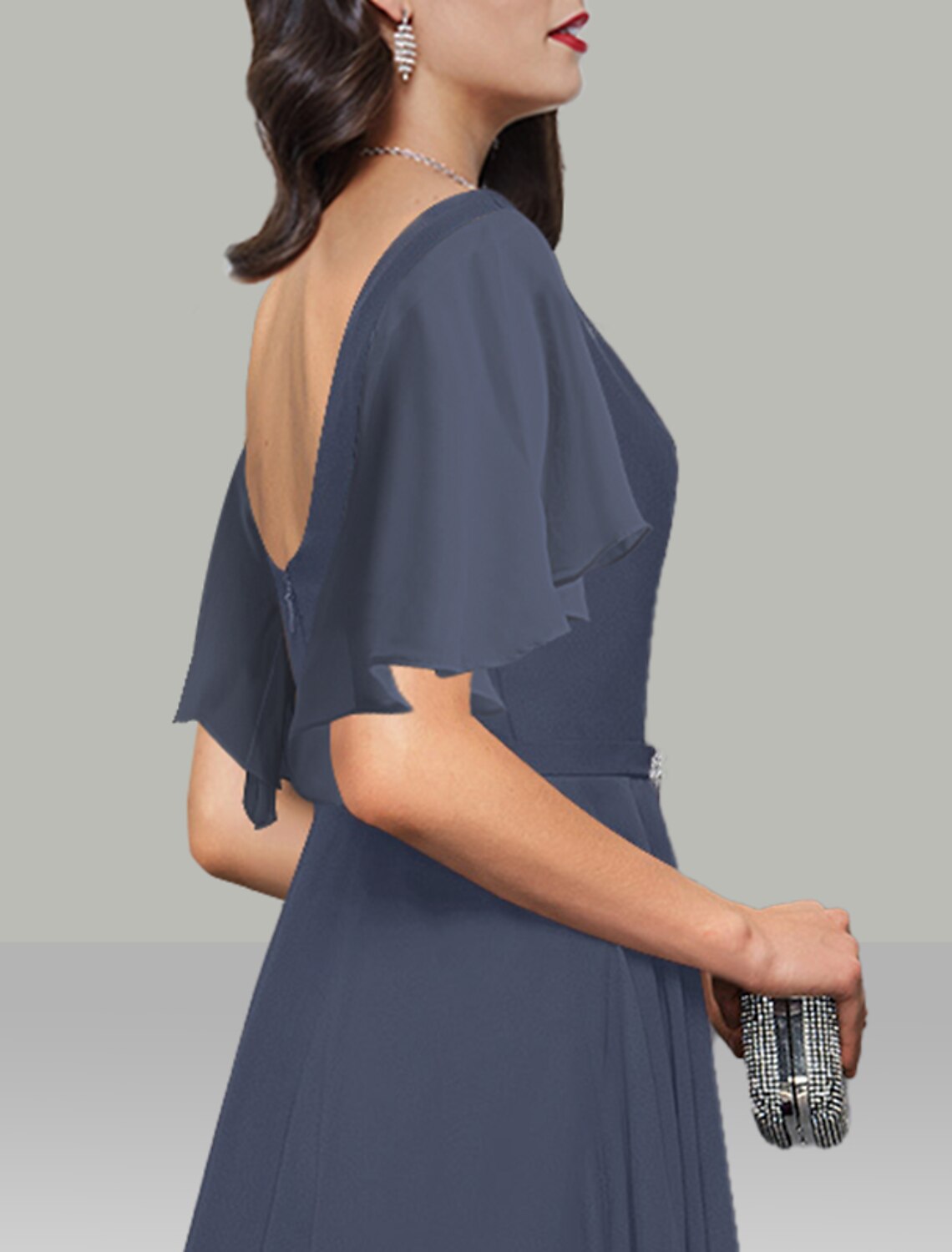 Aimishang A-Line Wedding Guest Dresses Elegant Dress Cocktail Party Tea Length Short Sleeve Cowl Neck Belt / Sash Chiffon with Rhinestone