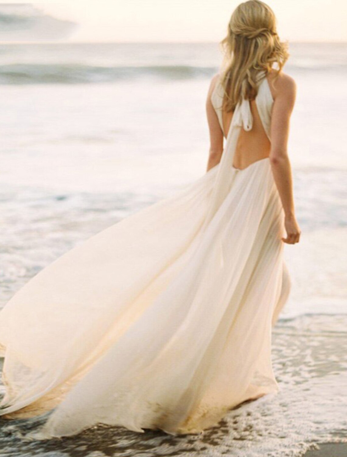 Aimishang Beach Open Back Boho Wedding Dresses A-Line Halter Sleeveless Sweep / Brush Train Chiffon Bridal Gowns With Solid Color 2023 Summer Wedding Party