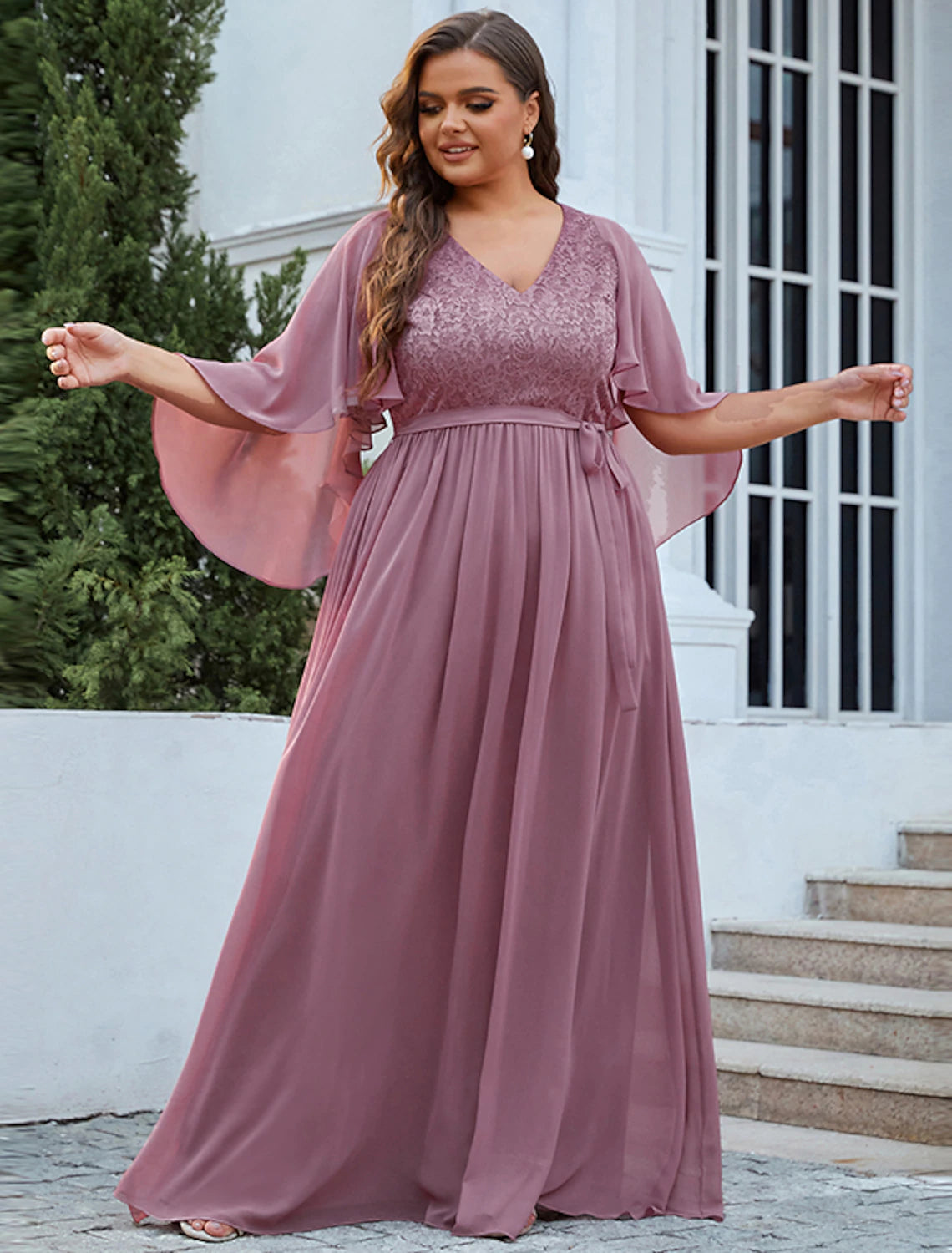 Aimishang A-Line Mother of the Bride Dress Plus Size Elegant V Neck Floor Length Chiffon Tulle Half Sleeve with Sash / Ribbon