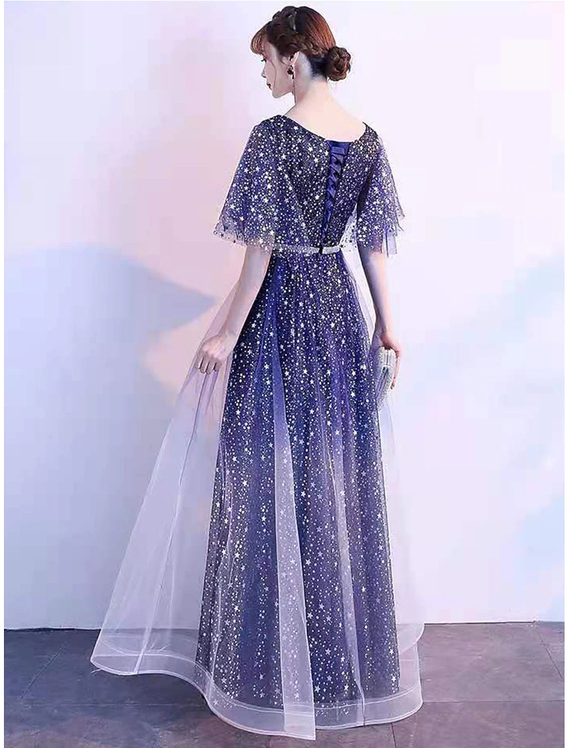 Aimishang A-Line Ombre Prom Birthday Dress V Neck Short Sleeve Floor Length Tulle with Sash / Ribbon Crystals