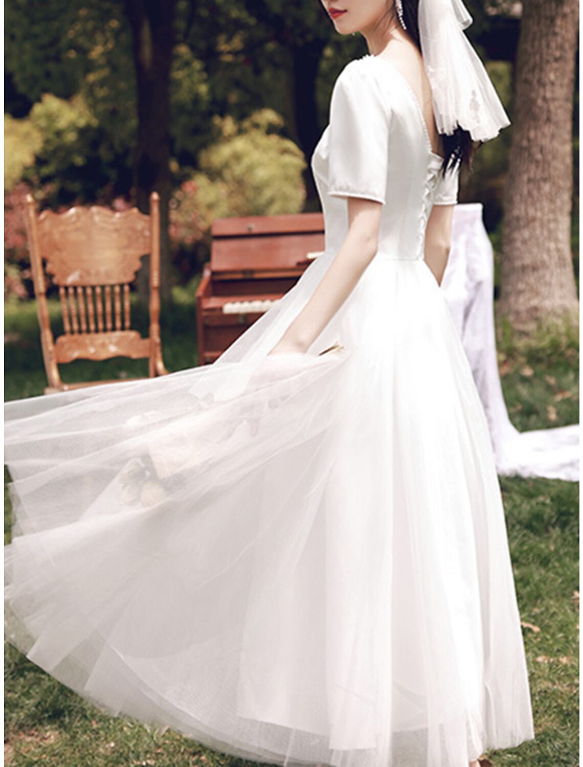 Aimishang Reception Little Dresses Wedding Dresses A-Line Square Neck Short Sleeve Tea Length Satin Bridal Gowns With Pearls