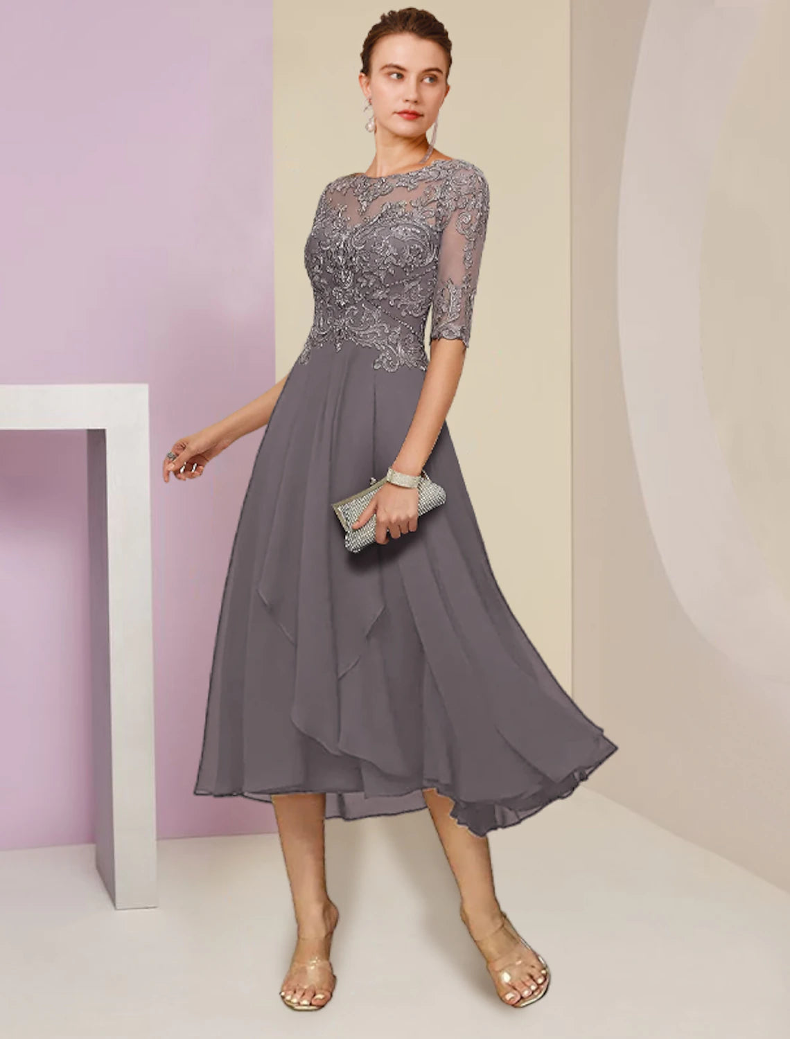 Aimishang Two Piece A-Line Mother of the Bride Dress Formal Wedding Guest Elegant Scoop Neck Tea Length Chiffon Lace Half Sleeve Wrap Included with Beading Sequin Appliques