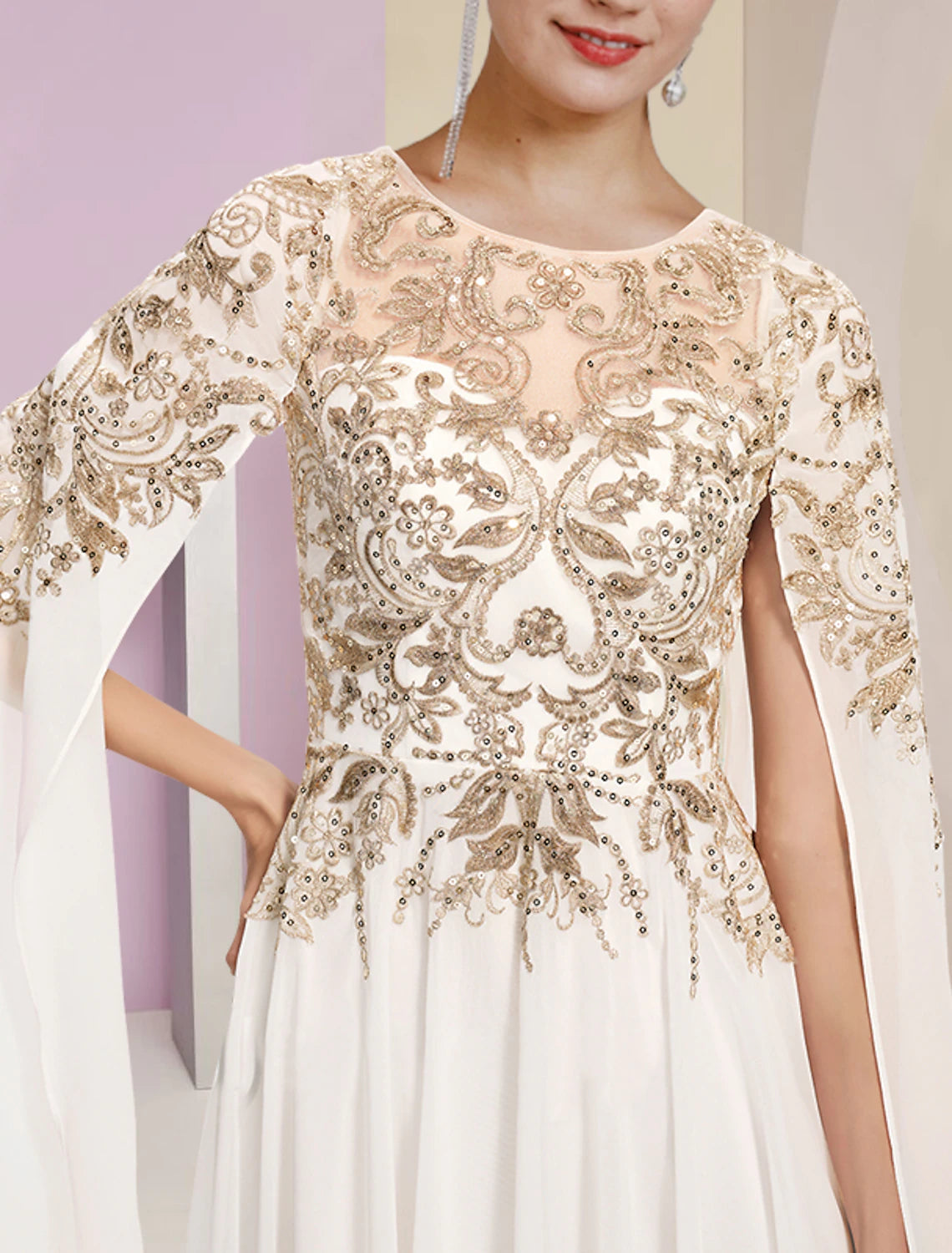 Aimishang Sheath / Column Mother of the Bride Dress Wedding Guest Party Luxurious Jewel Neck Floor Length Chiffon Lace Sequined Long Sleeve with Pleats