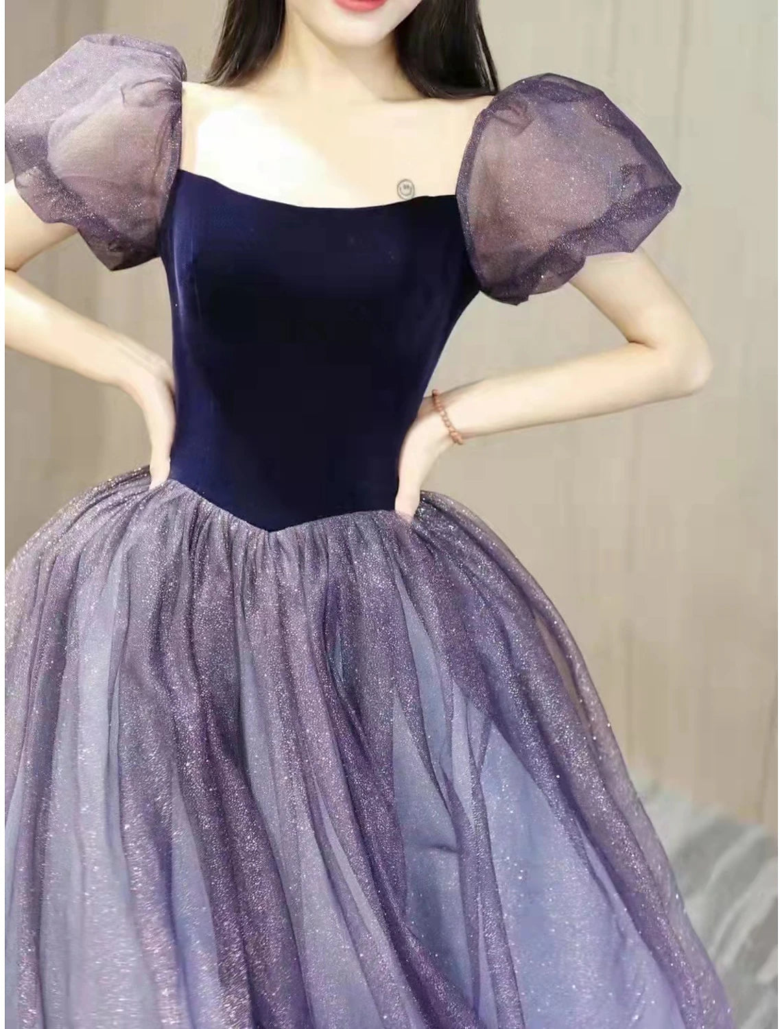 Aimishang Ball Gown Prom Dresses Cute Dress Engagement Floor Length Short Sleeve Square Neck Tulle with Sequin Splicing