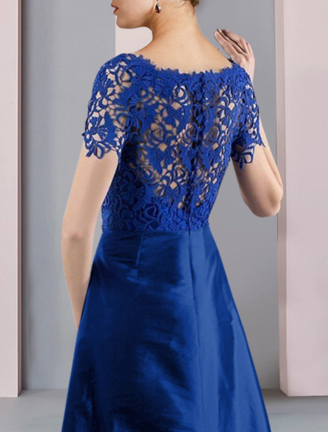 Aimishang Two Piece Sheath / Column Mother of the Bride Dress Formal Church Elegant detachable Scoop Neck Knee Length Lace Taffeta Short Sleeve with Bow(s) Crystal Brooch