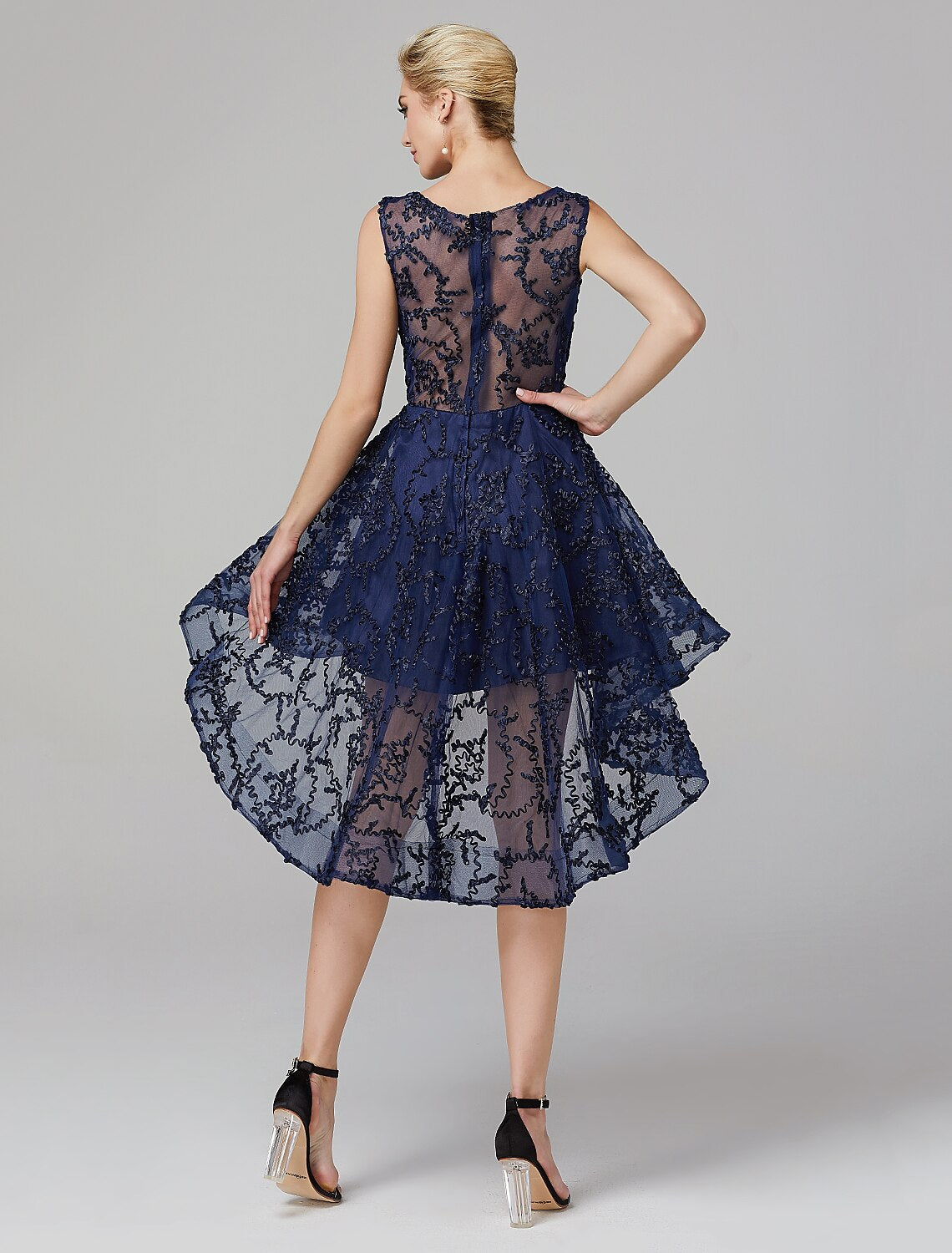 Aimishang A-Line Hot Dress Wedding Guest Asymmetrical Sleeveless Illusion Neck Tulle with Appliques