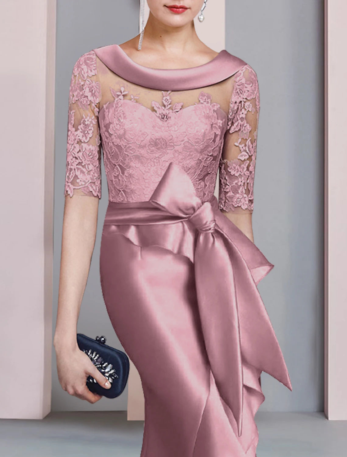 Aimishang Mermaid / Trumpet Mother of the Bride Dress Formal Fall Wedding Guest Dresses Elegant High Low Scoop Neck Sweep / Brush Train Asymmetrical Satin Lace Half Sleeve with Bow(s) Appliques