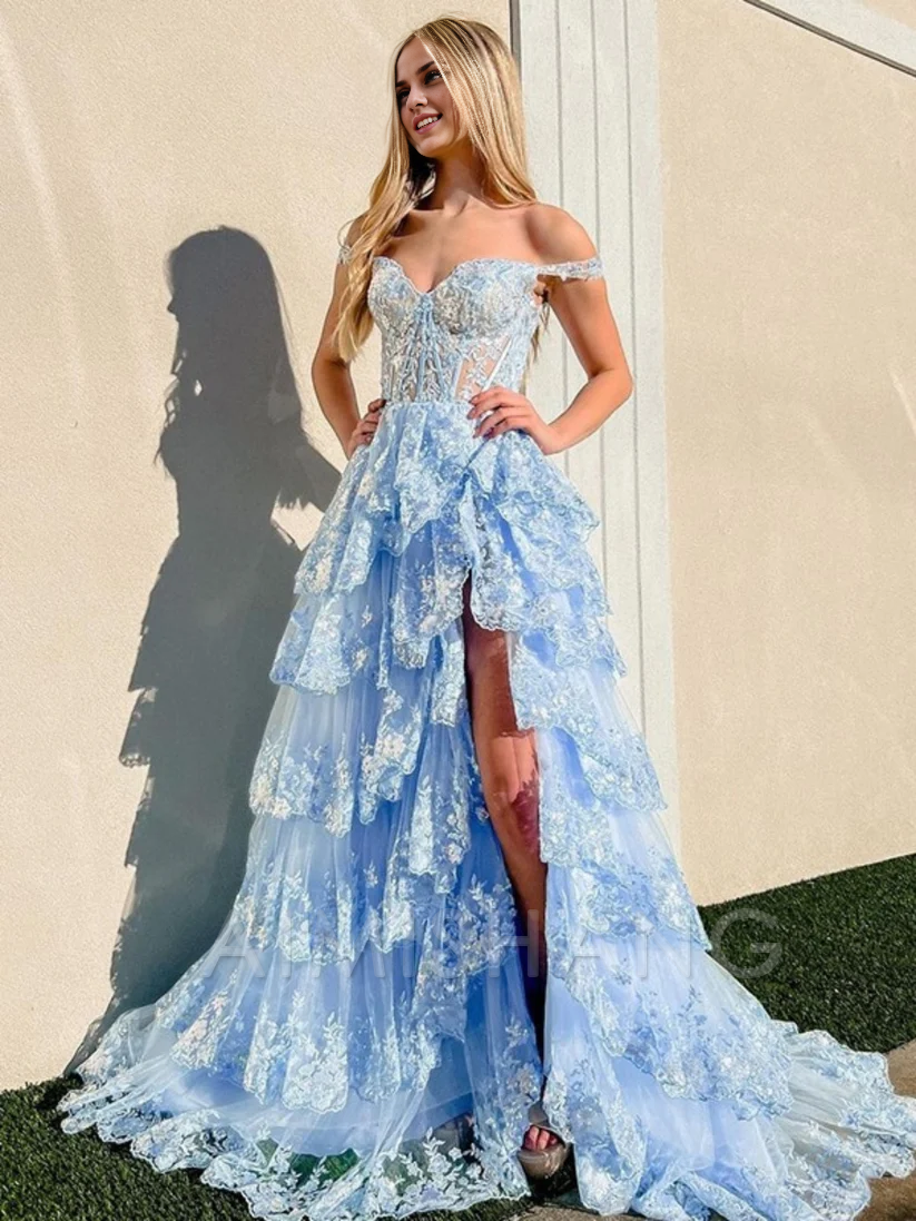 Aimishang A Line Tulle Appliques Off-the-Shoulder Ruffle Long Prom Dress Sweetheart Tiered Skirt Corset Lace Formal Dress Charming Evening Party Sparkly Dress