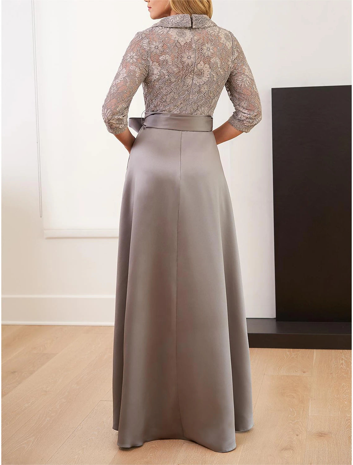 Aimishang A-Line Mother of the Bride Dress Formal Wedding Guest Elegant Shirt Collar Floor Length Lace Sequined Italy Satin 3/4 Length Sleeve with Sash / Ribbon Bow(s) Sequin