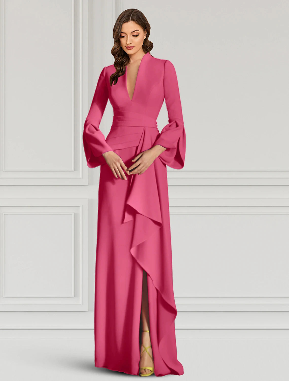 Aimishang Sheath Evening Gown Elegant Black Dress Formal Cocktail Party Dress Floor Length Long Sleeve V Neck Fall Wedding Guest Fabric with Ruffles