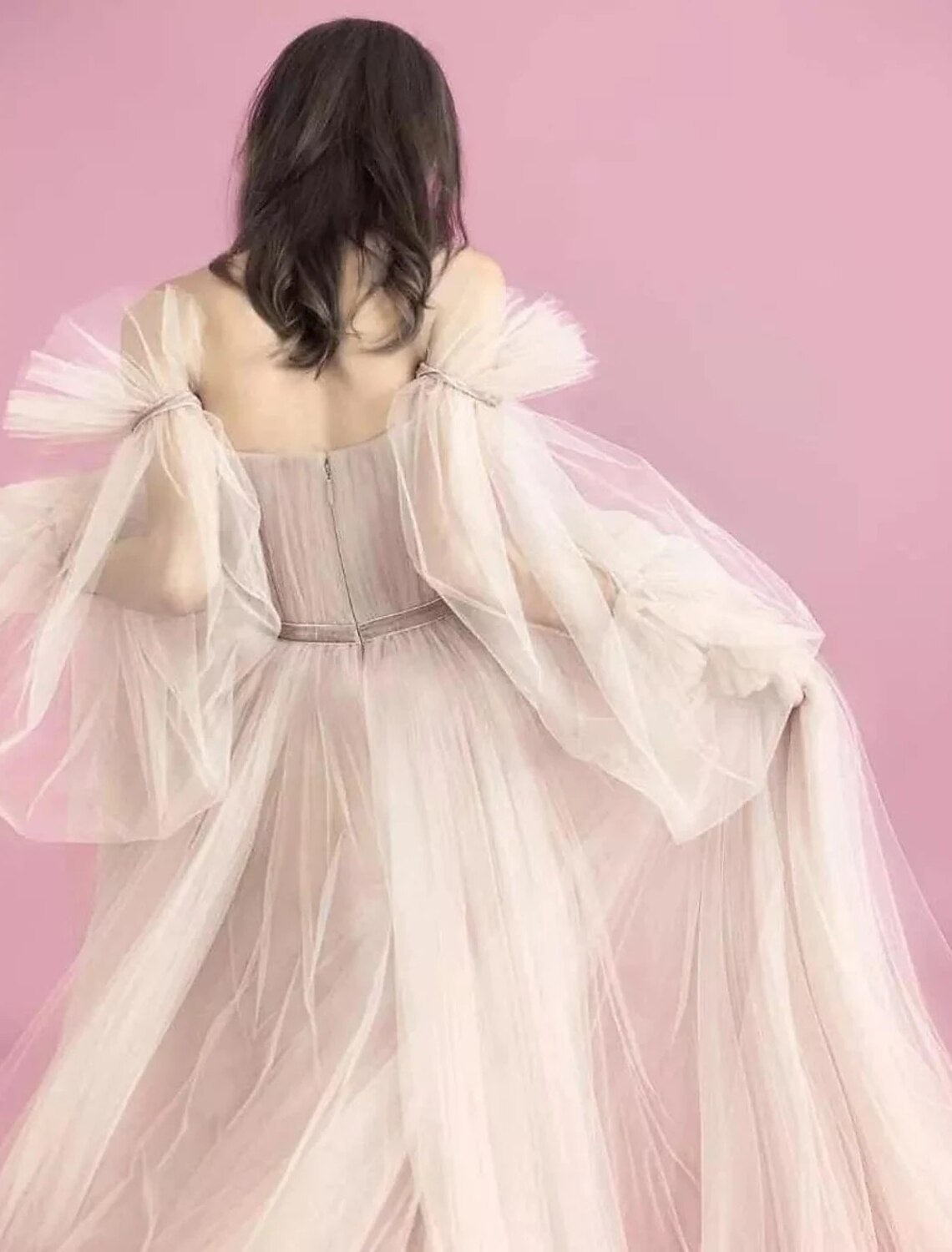 Aimishang A-Line Elegant Boho Engagement Formal Evening Birthday Dress Scoop Neck Long Sleeve Sweep / Brush Train Tulle with Pleats Ruched