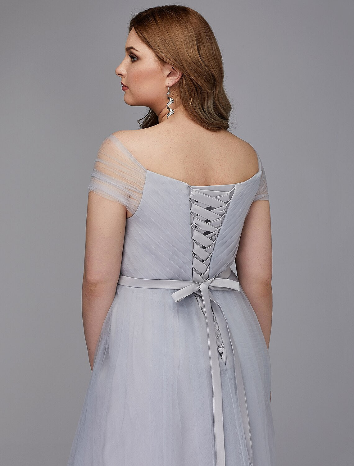Aimishang A-Line Elegant Dress Wedding Guest Tea Length Short Sleeve Off Shoulder Tulle with Sash / Ribbon Criss Cross