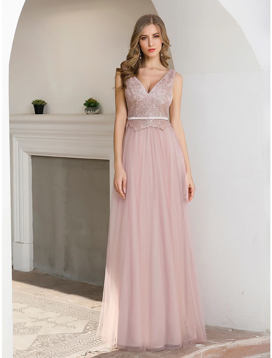 Aimishang A-Line Evening Gown Elegant Dress Wedding Guest Formal Evening Floor Length Sleeveless V Neck Satin V Back with Sash / Ribbon Sequin