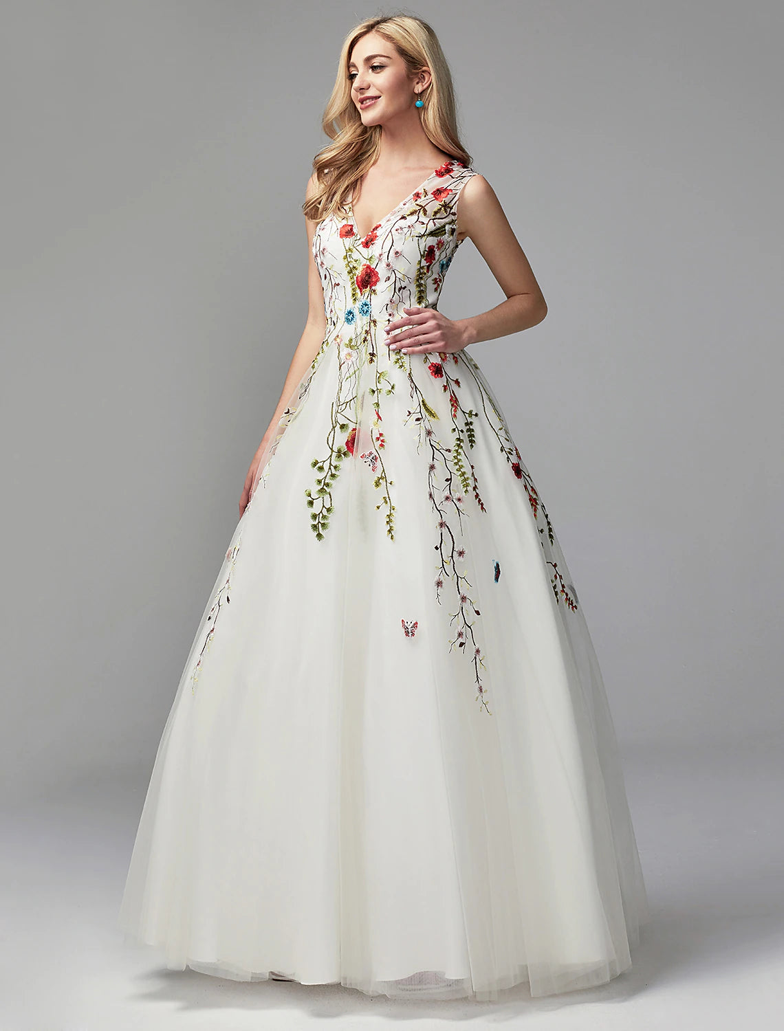 Aimishang A-Line Special Occasion Dresses Floral Dress Valentine's Day Wedding Guest Floor Length Sleeveless V Neck Lace with Embroidery Appliques