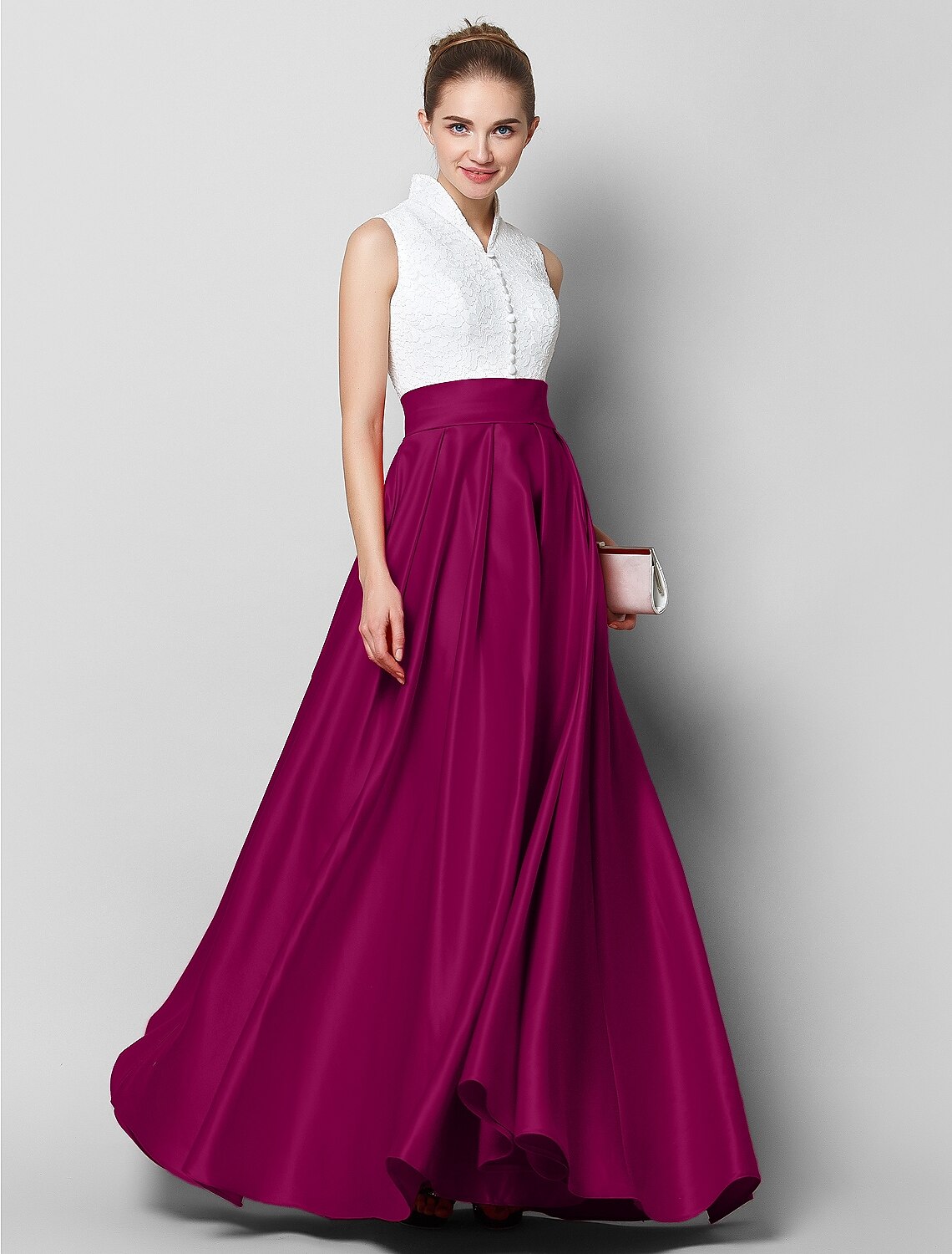 Aimishang A-Line Elegant Formal Evening Dress High Neck Sleeveless Floor Length Lace with Pleats