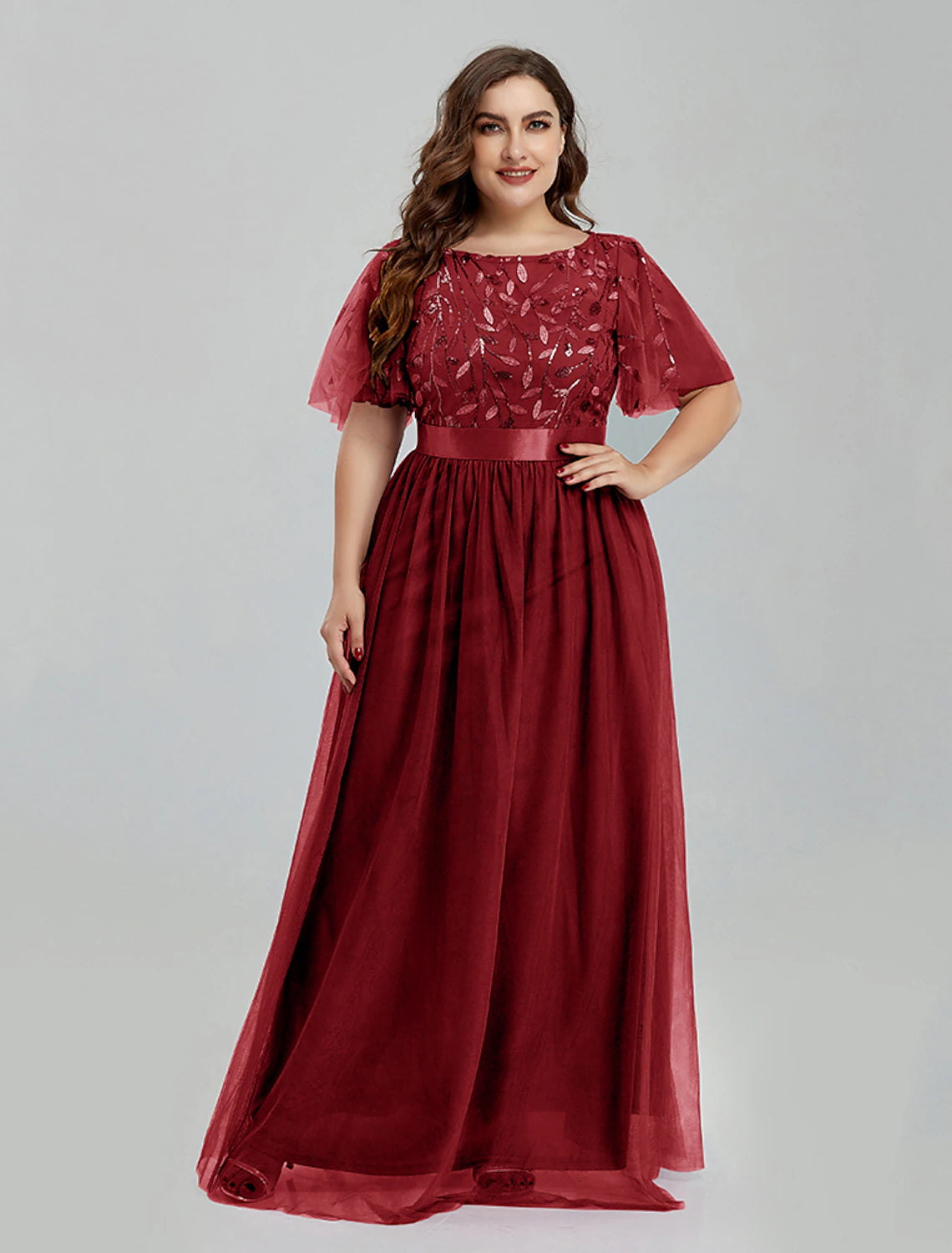 Aimishang A-Line Prom Dresses Elegant Dress Party Wear Floor Length Short Sleeve Jewel Neck Tulle with Embroidery Splicing