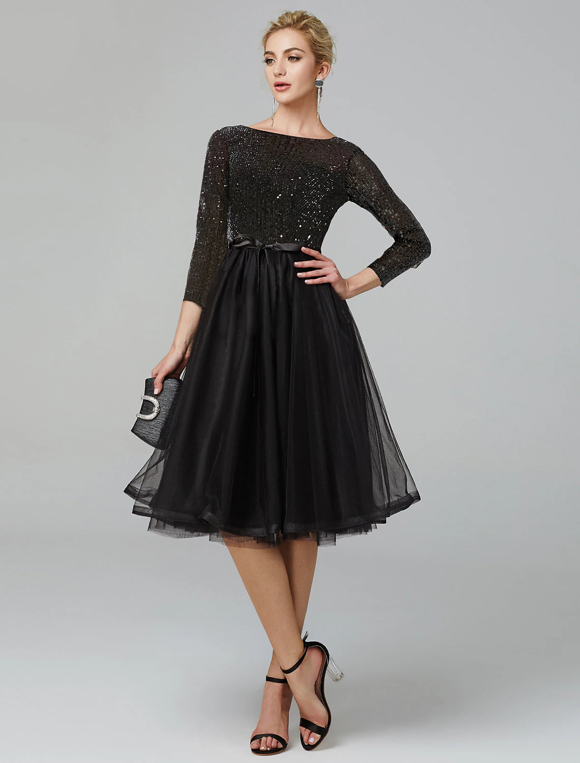 Aimishang A-Line Cocktail Dresses Sparkle & Shine Dress Formal Tea Length 3/4 Length Sleeve Jewel Neck Fall Wedding Guest Tulle with Sequin Strappy