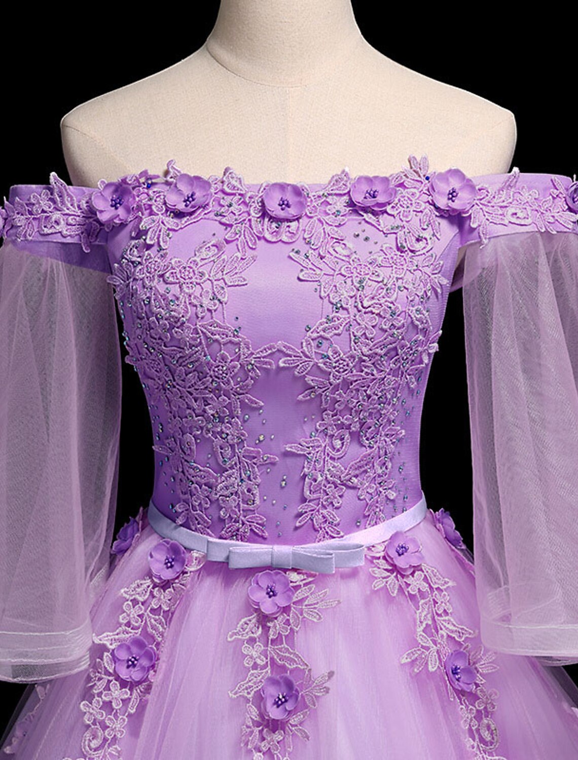 Aimishang Ball Gown Luxurious Floral Quinceanera Prom Birthday Dress Off Shoulder 3/4 Length Sleeve Floor Length Tulle with Sash / Ribbon Embroidery