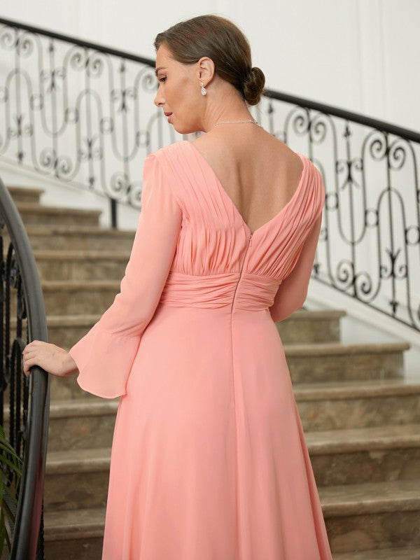 Aimishang A-Line/Princess Chiffon Ruched V-neck Long Sleeves Sweep/Brush Train Mother of the Bride Dresses