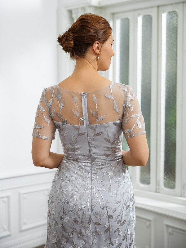 Aimishang A-Line/Princess Tulle Ruched Bateau Short Sleeves Ankle-Length Mother of the Bride Dresses