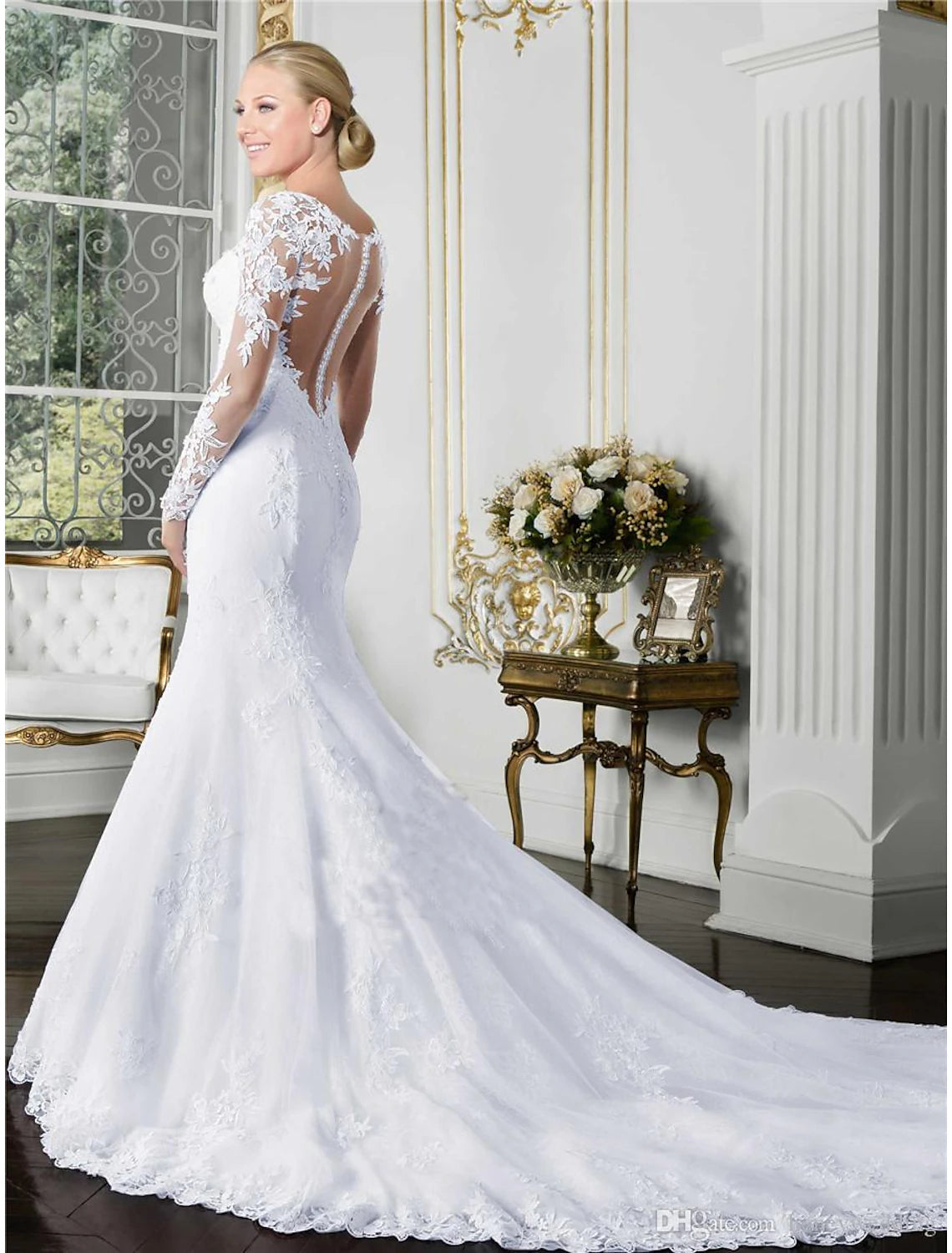 Aimishang Engagement Formal Fall Wedding Dresses Mermaid / Trumpet Illusion Neck Long Sleeve Court Train Lace Bridal Gowns With 2023 Summer Wedding Party