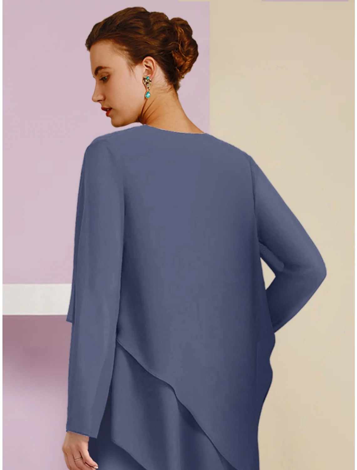 Aimishang A-Line Mother of the Bride Dress Wedding Guest Elegant Square Neck Chiffon Long Sleeve with Crystal Brooch Ruching