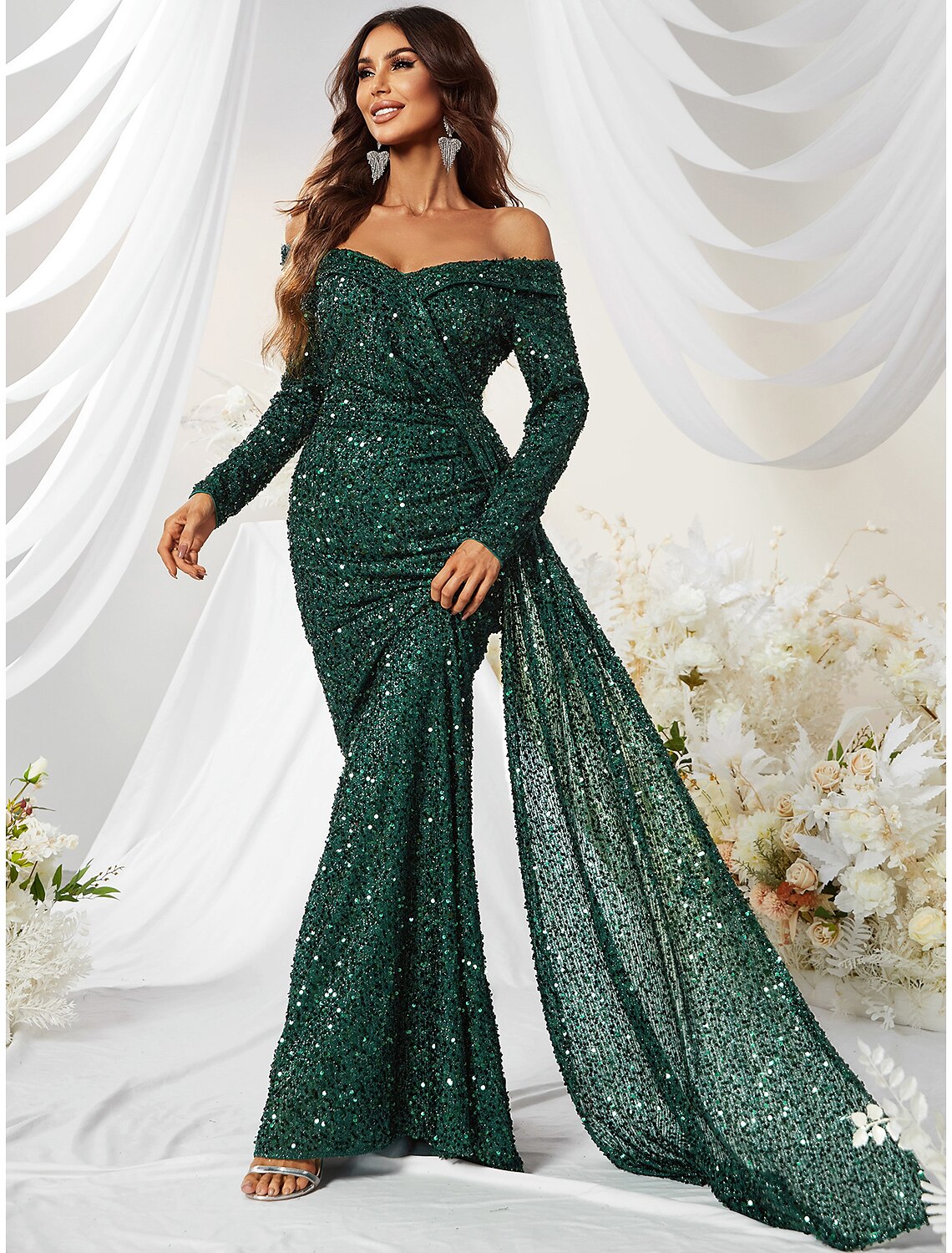 Aimishang Mermaid / Trumpet Evening Gown Sparkle & Shine Dress Formal Wedding Guest Sweep / Brush Train Long Sleeve Off Shoulder Polyester with Sequin