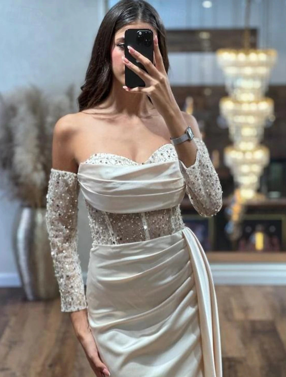 Aimishang Sheath / Column Prom Dresses Elegant Dress Formal Prom Floor Length Long Sleeve Sweetheart Satin with Sequin Slit